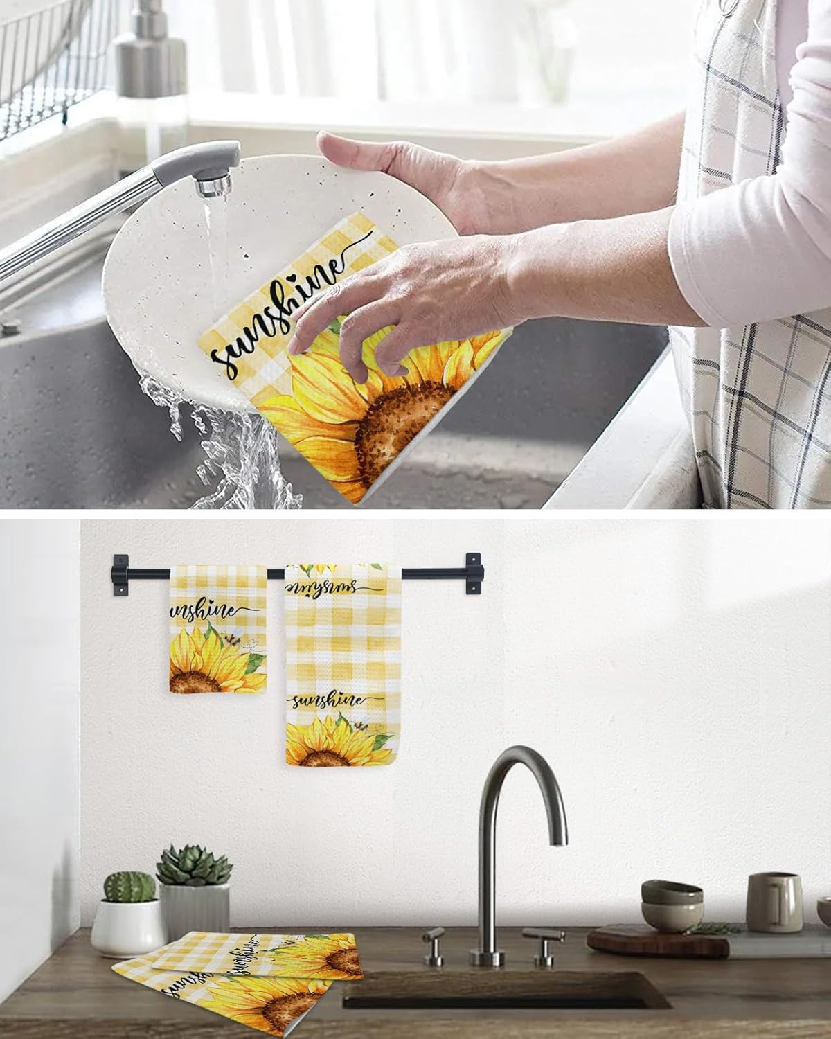 Falaniique Plaid Sunflower Waffle Dish Towel Set of 2