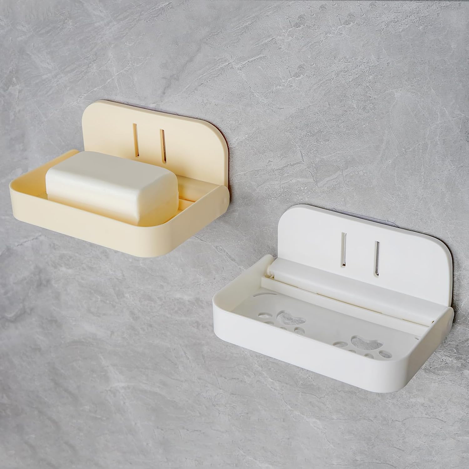 2 Pack Wall Mount Soap Holder with Drain and Foldable Tray
