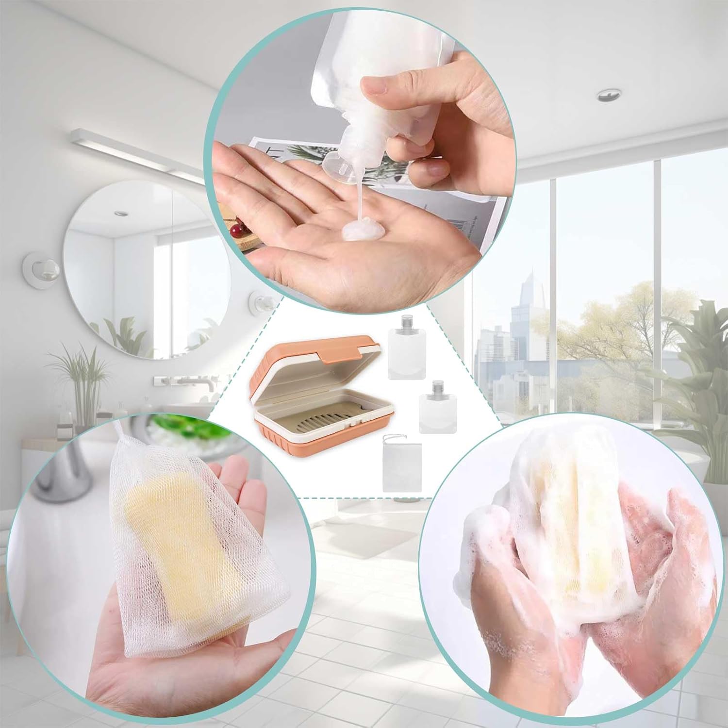 4 Pack Travel Soap Holder Set with Foaming Net and Packaging Bags Orange