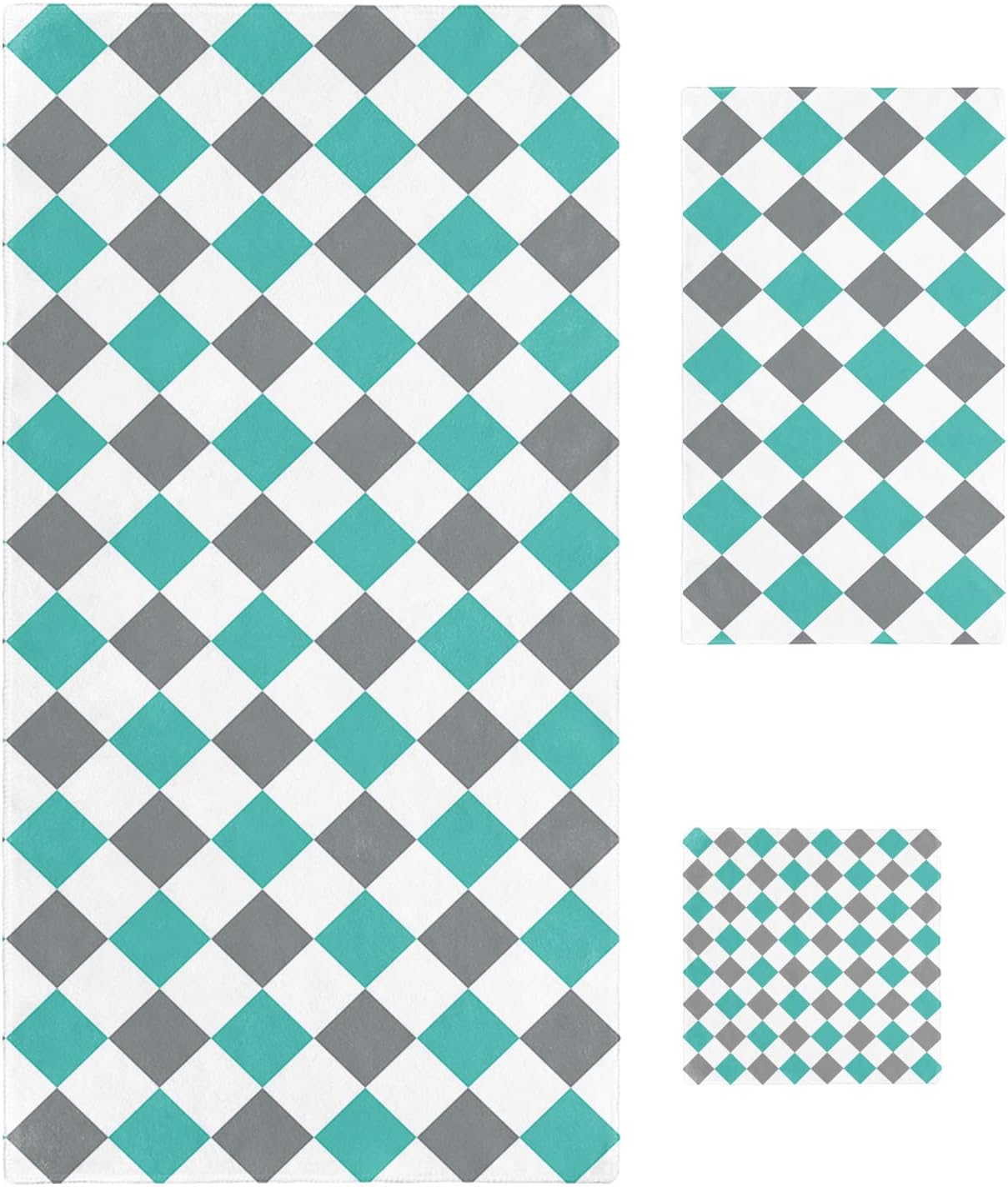 Summer Teal Green Grey Diamond Lattice Abstract Towel Set for Bathroom