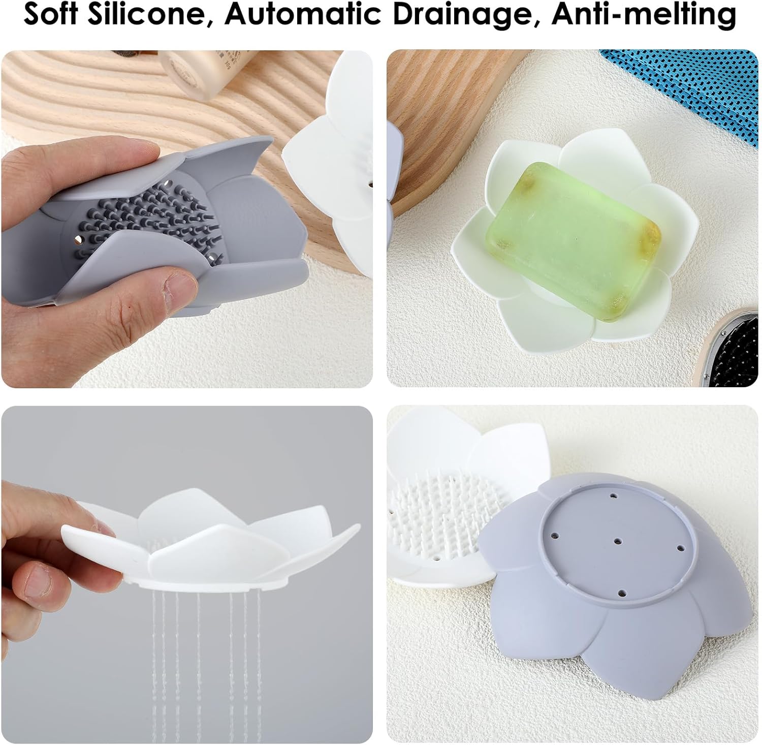 2Pcs Lotus Shaped Silicone Soap Dish with Drain and Anti-Slip