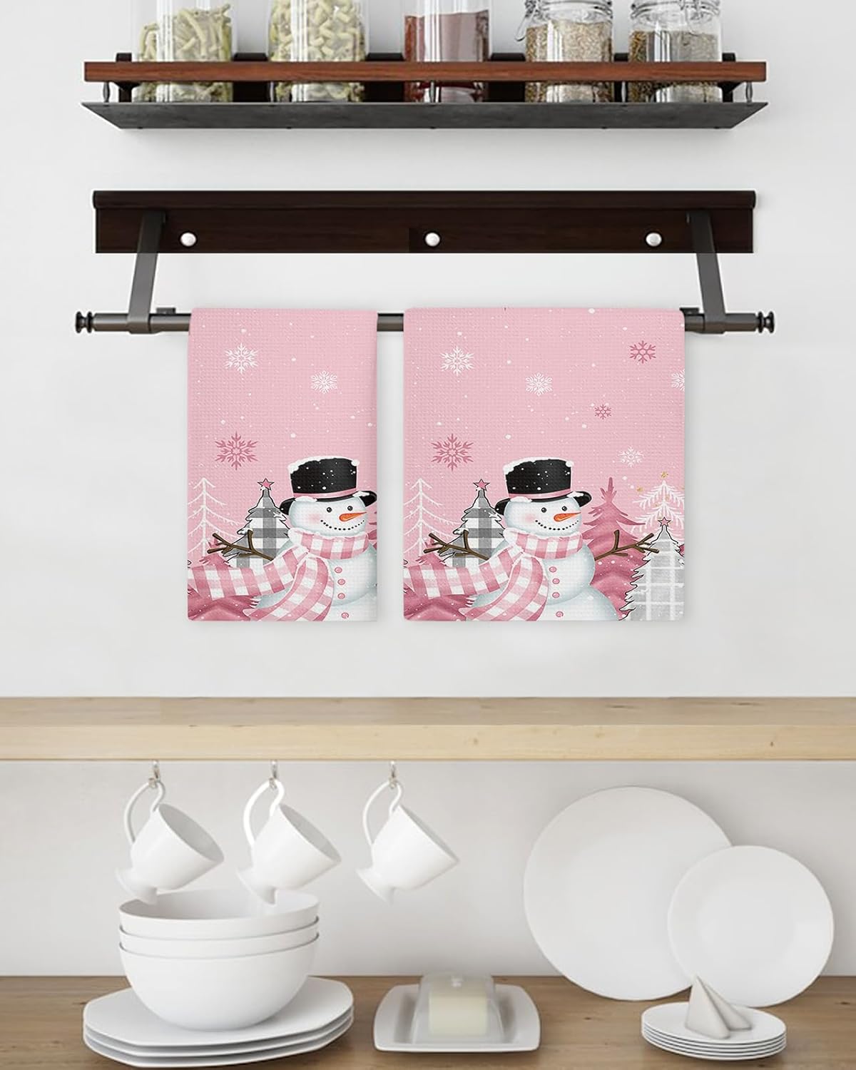 Falaniique Snowman Waffle Towel Set of 4 Blush Pink Tree Plaid Dot