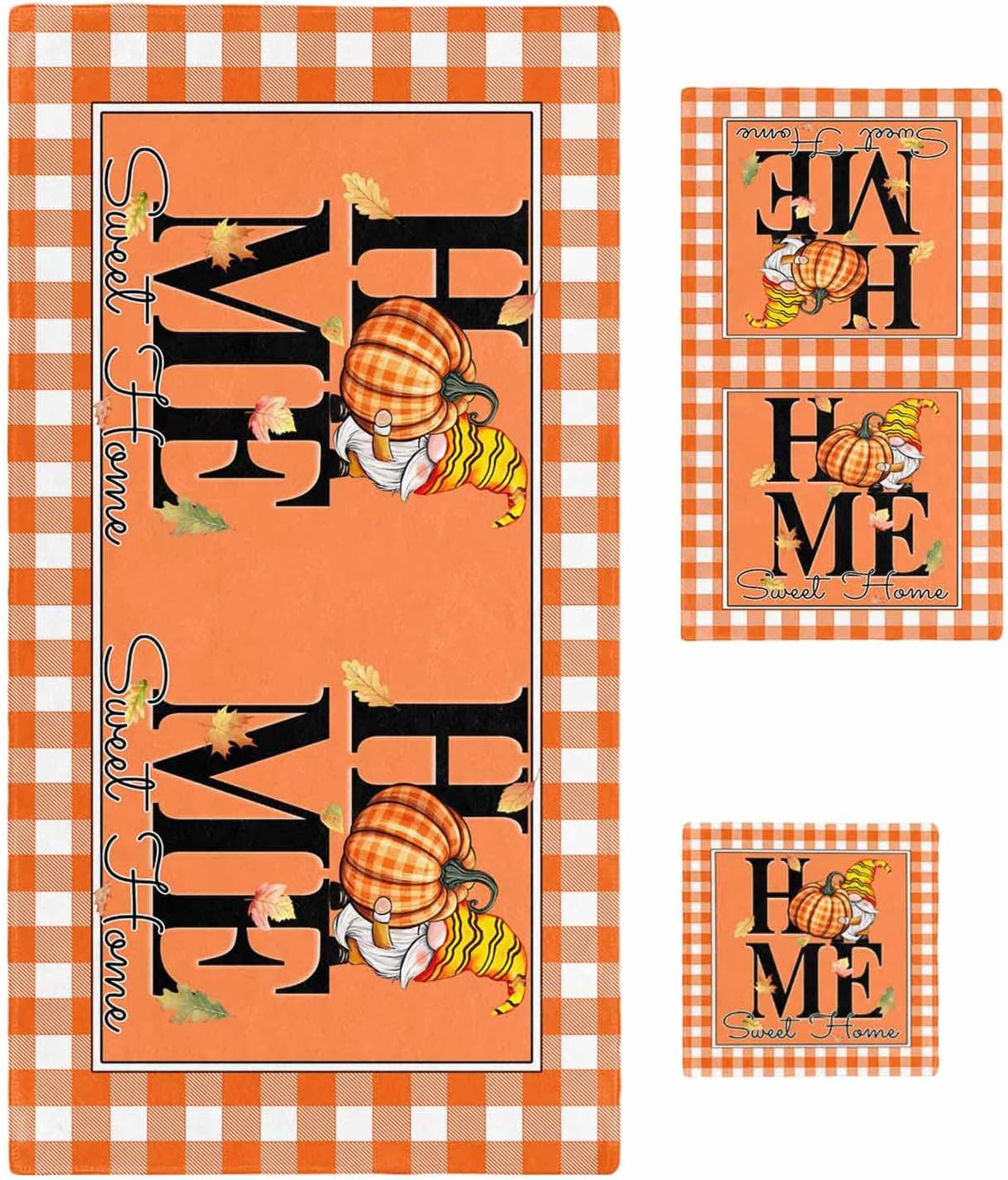 Double Love Orange Thanksgiving Towel Set - Plaid Design 3 Piece Microfiber Bath Towels