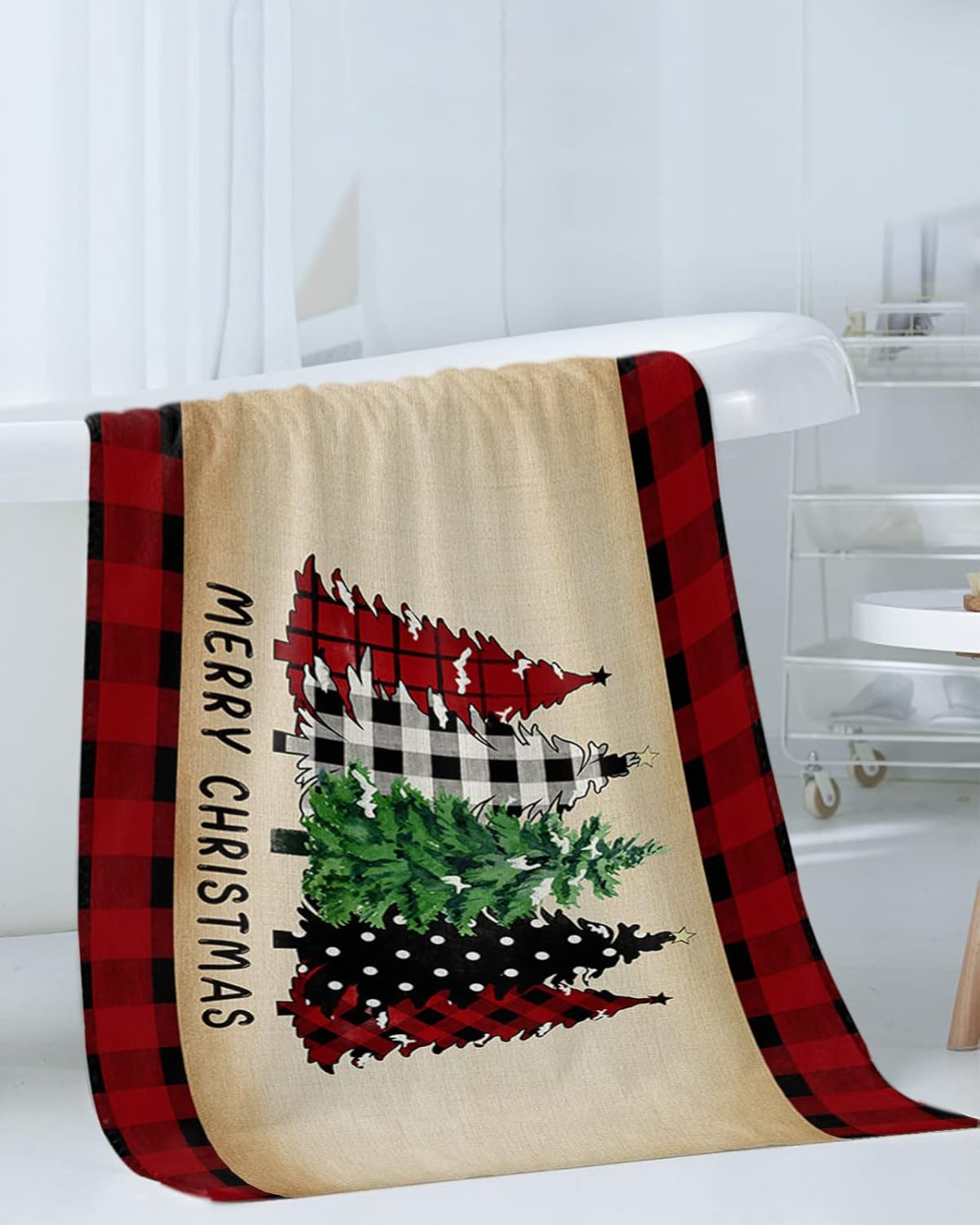 Christmas Bath Towels Set of 3 - Plaid Xmas Tree Red Buffalo Linen