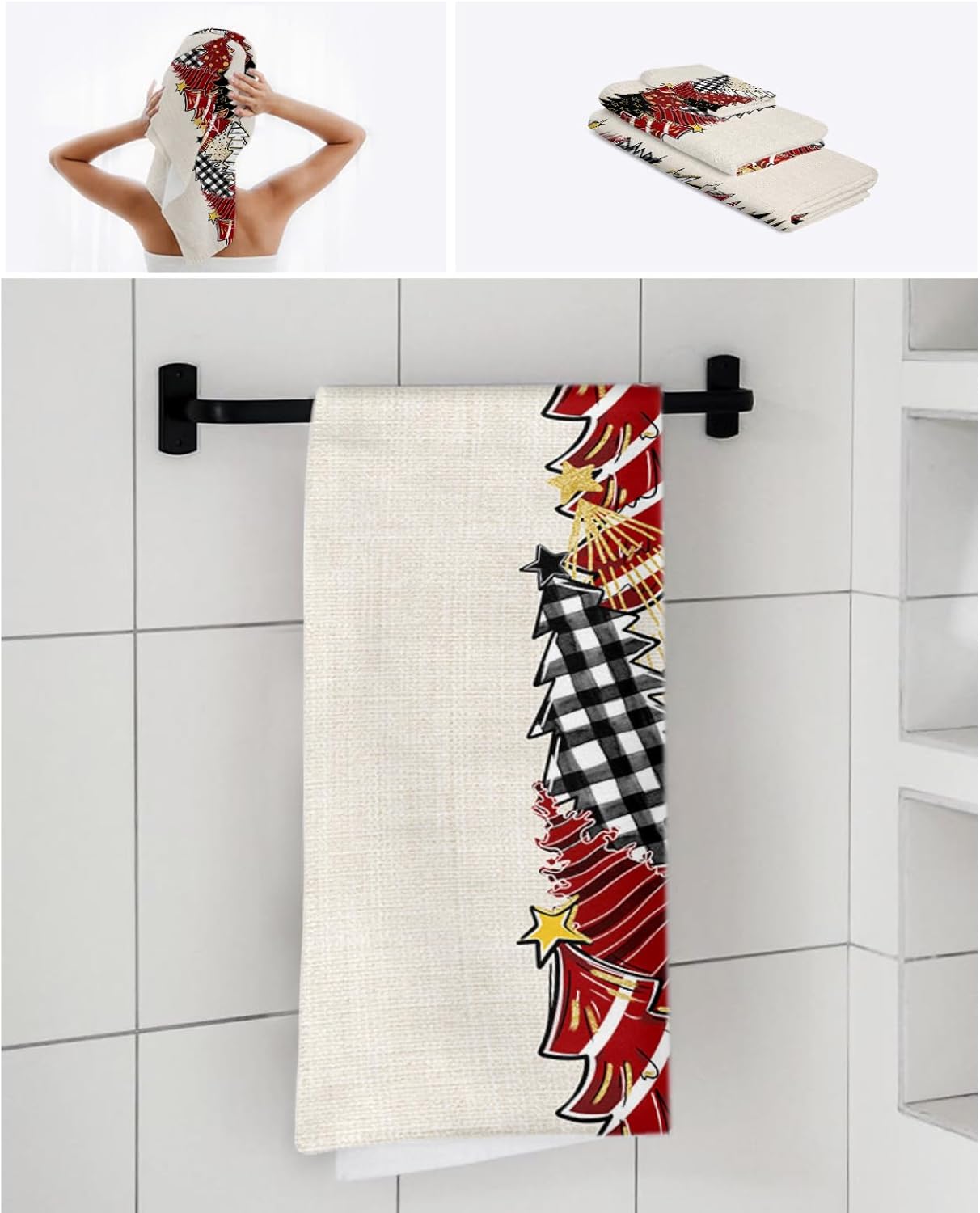 Christmas Bath Towels Set of 3 with Tree Design
