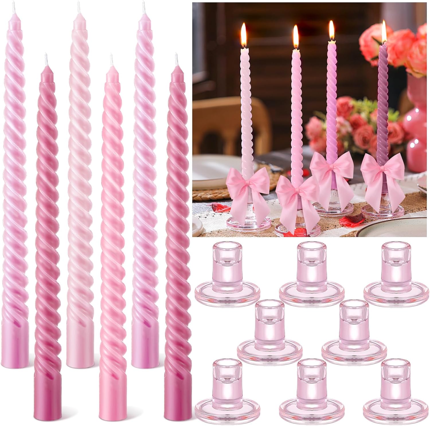 16 Pcs Pink Spiral Taper Candles Set for Valentine Wedding
