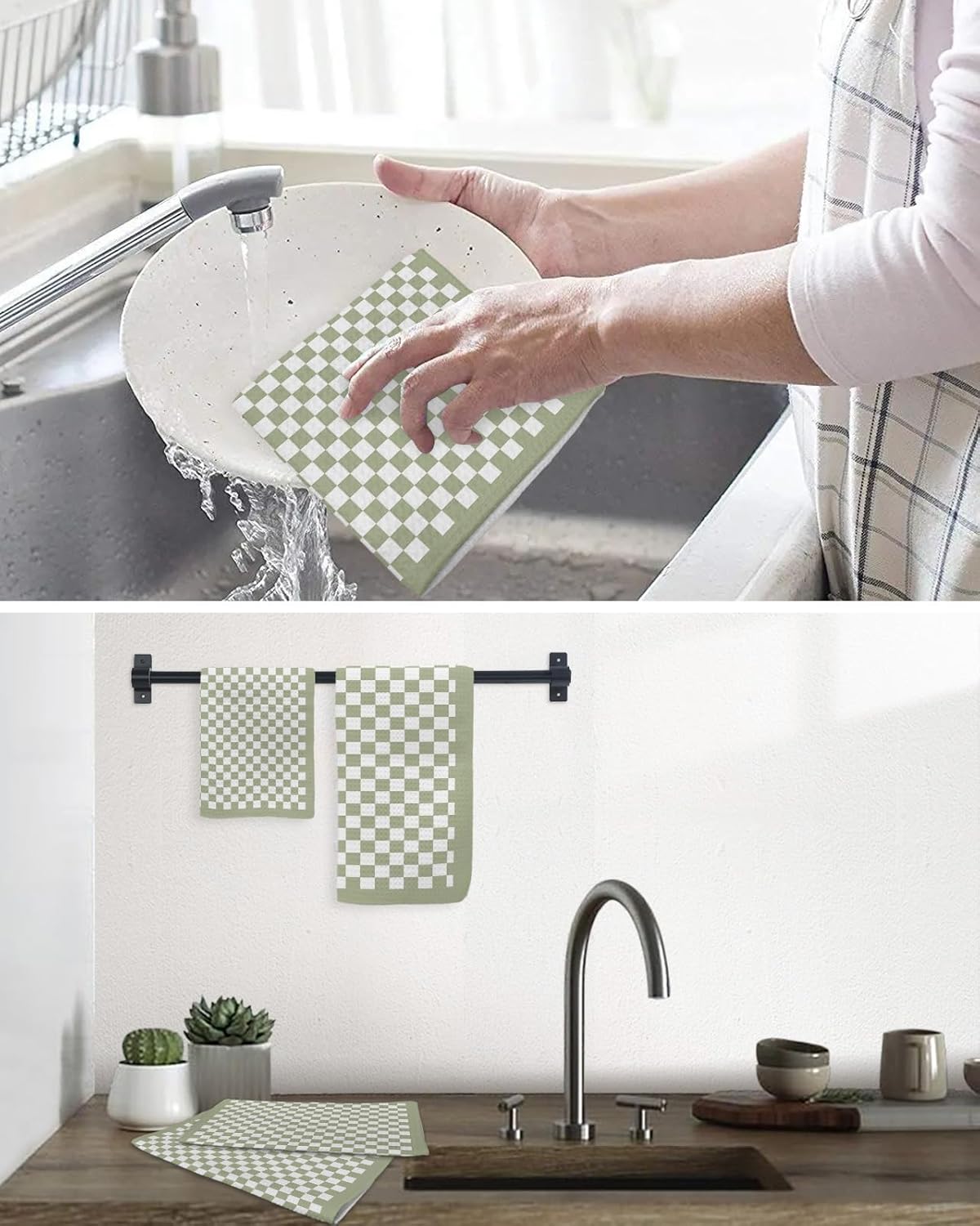 Falaniique Sage Green Plaid Waffle Towel Set of 2 1