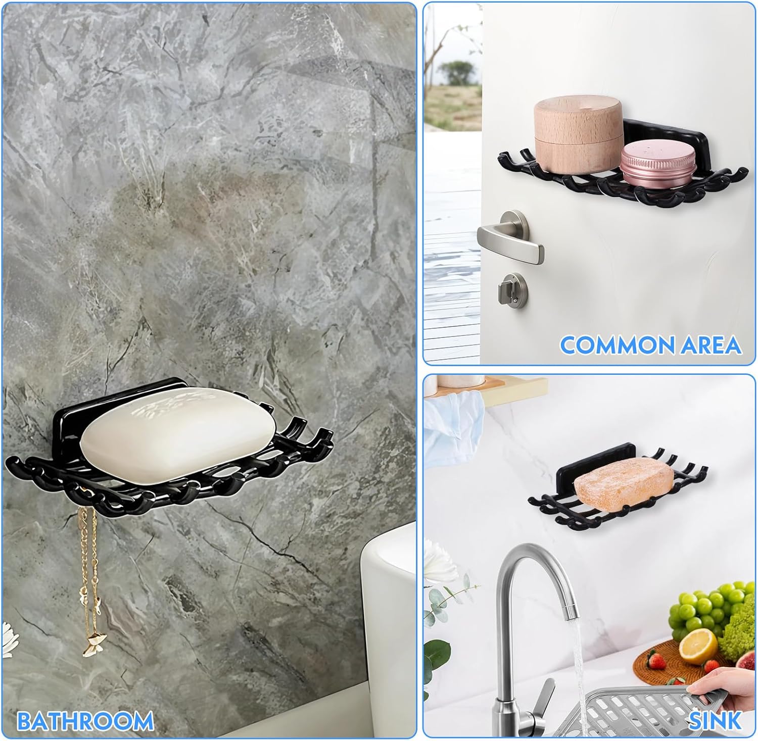 2 Pcs Black Soap Bar Holder with Hooks No Drilling