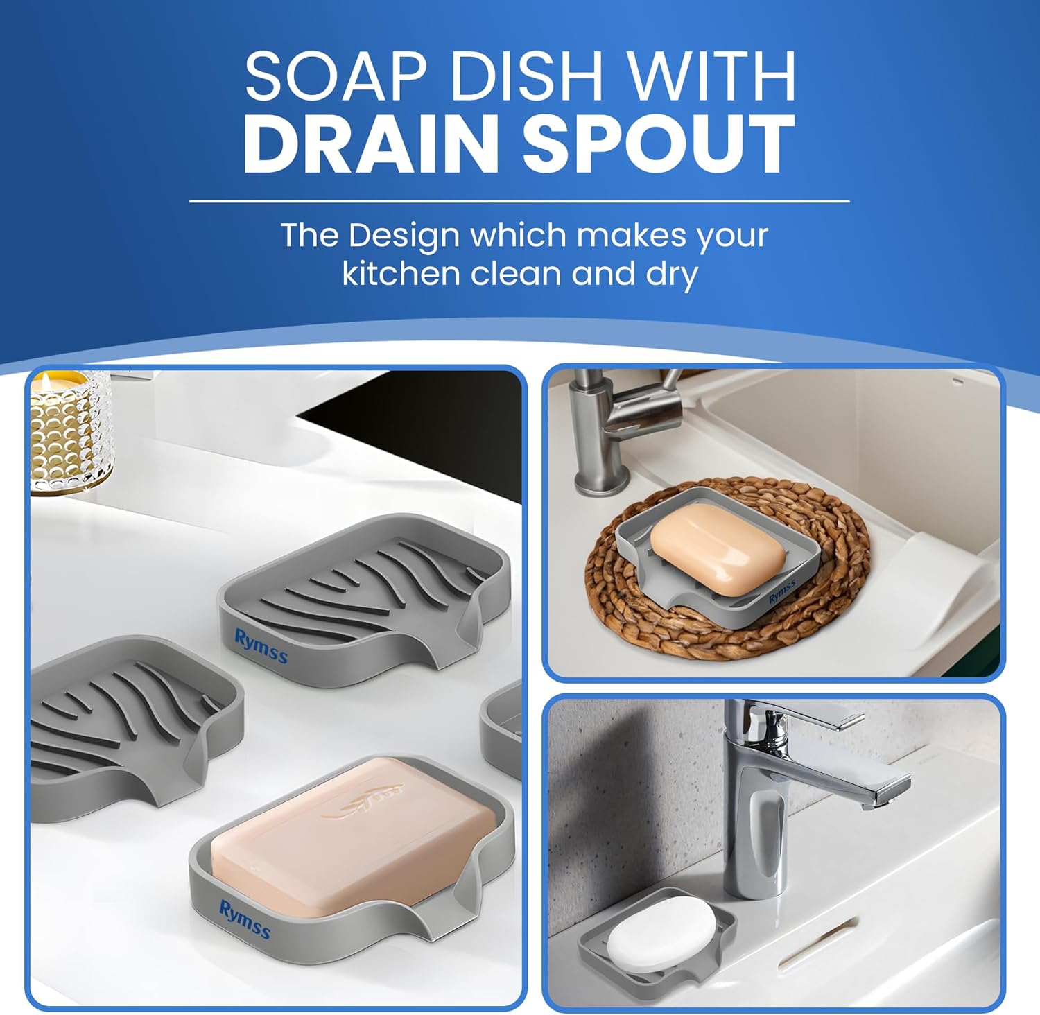 Rymss Silicone Soap Dish with Drain Spout - 47x35 Small
