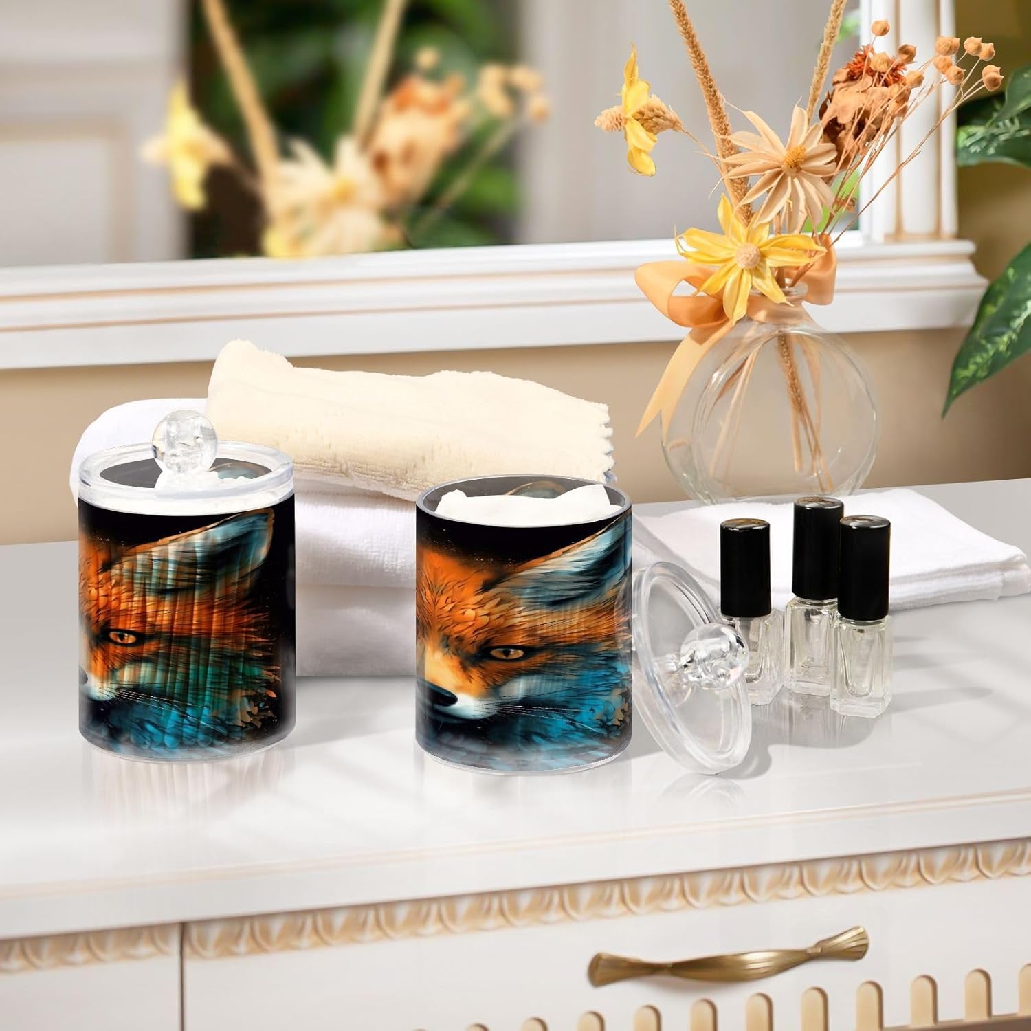 YETTASBIN Fox Clear Apothecary Jars 2 Pack 14 oz Cotton Swab Holder
