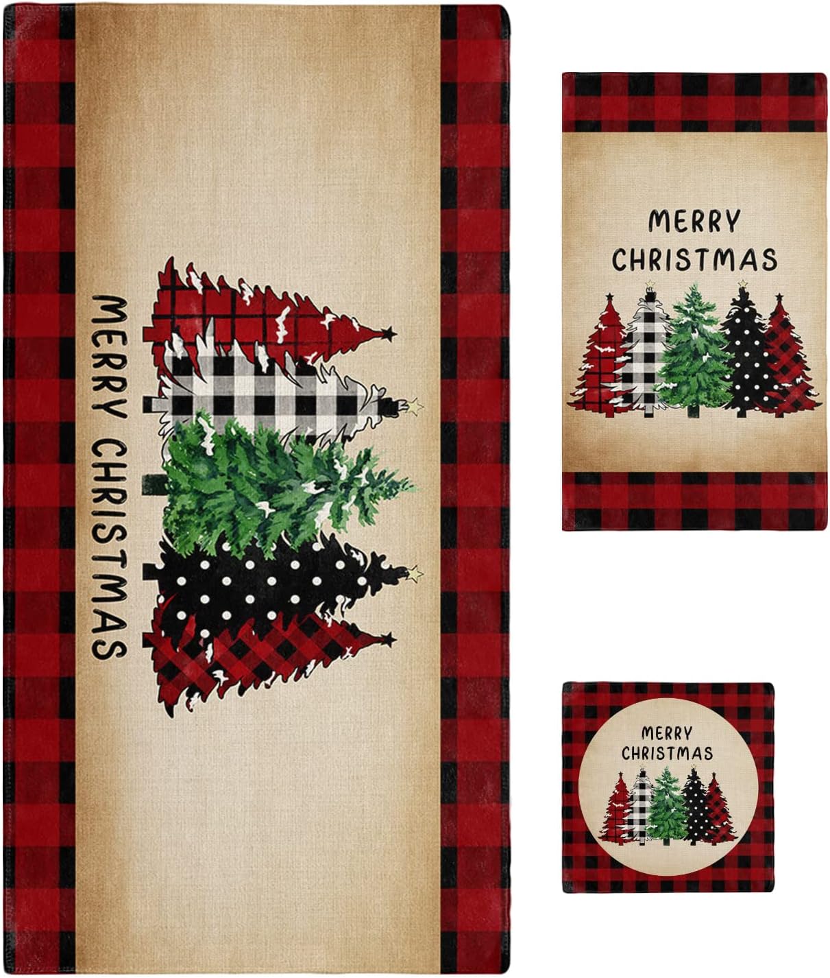 Christmas Bath Towels Set of 3 - Plaid Xmas Tree Red Buffalo Linen