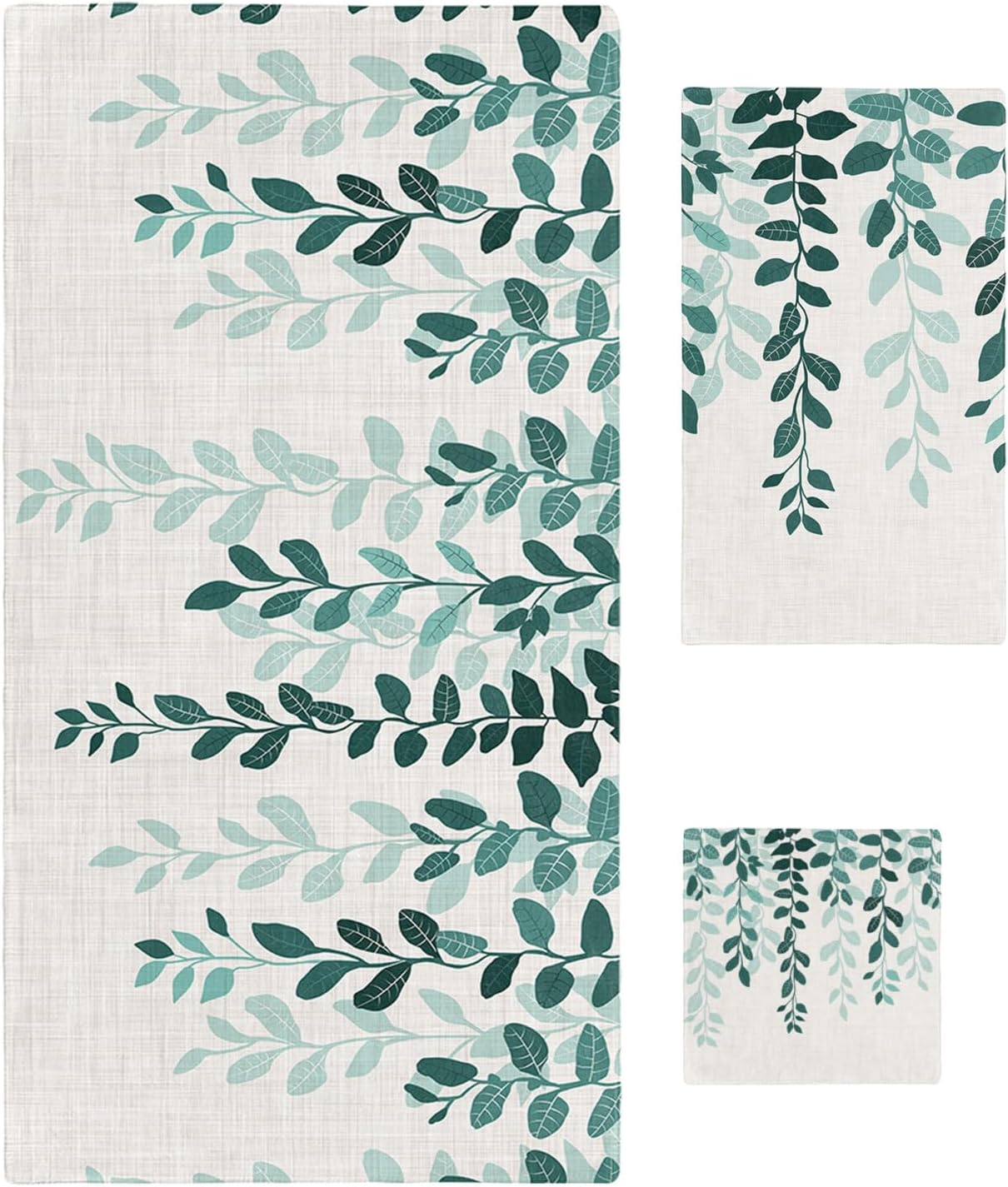Smile Sunflower 3 Pc Bath Towel Set - Plant Leaves Green Gradient Linen Texture