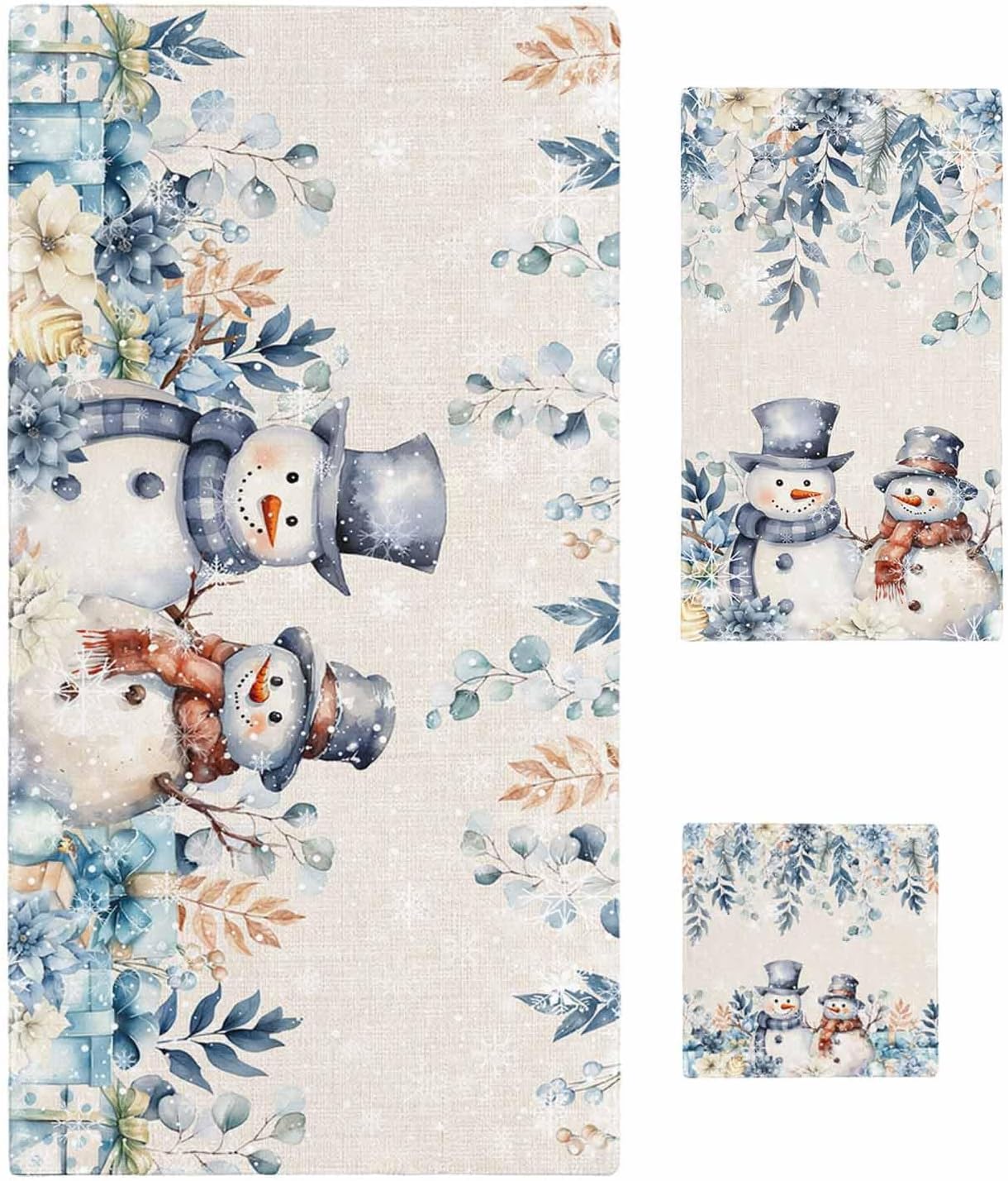 Christmas Bath towels Set of 3 - Blue Snowman Holly Eucalyptus Linen