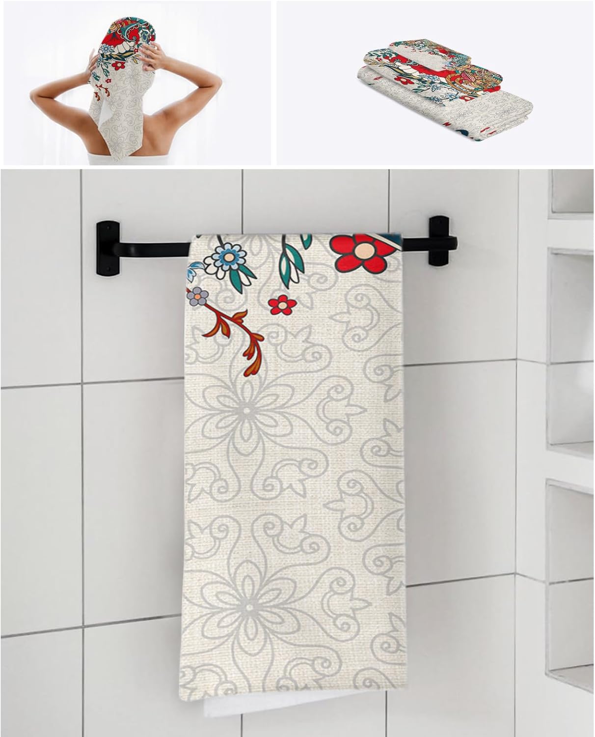Smile Sunflower 3 Pcs Bath Towel Set - Boho Floral Linen Towels