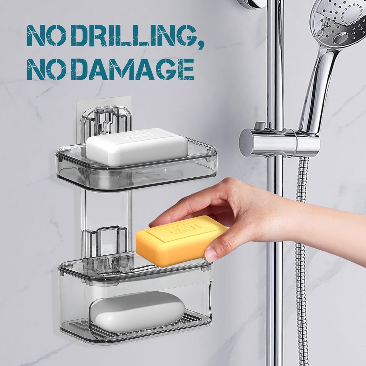 Double Layer Soap Dish Wall Mounted Transparent Gray Holder with Drainage