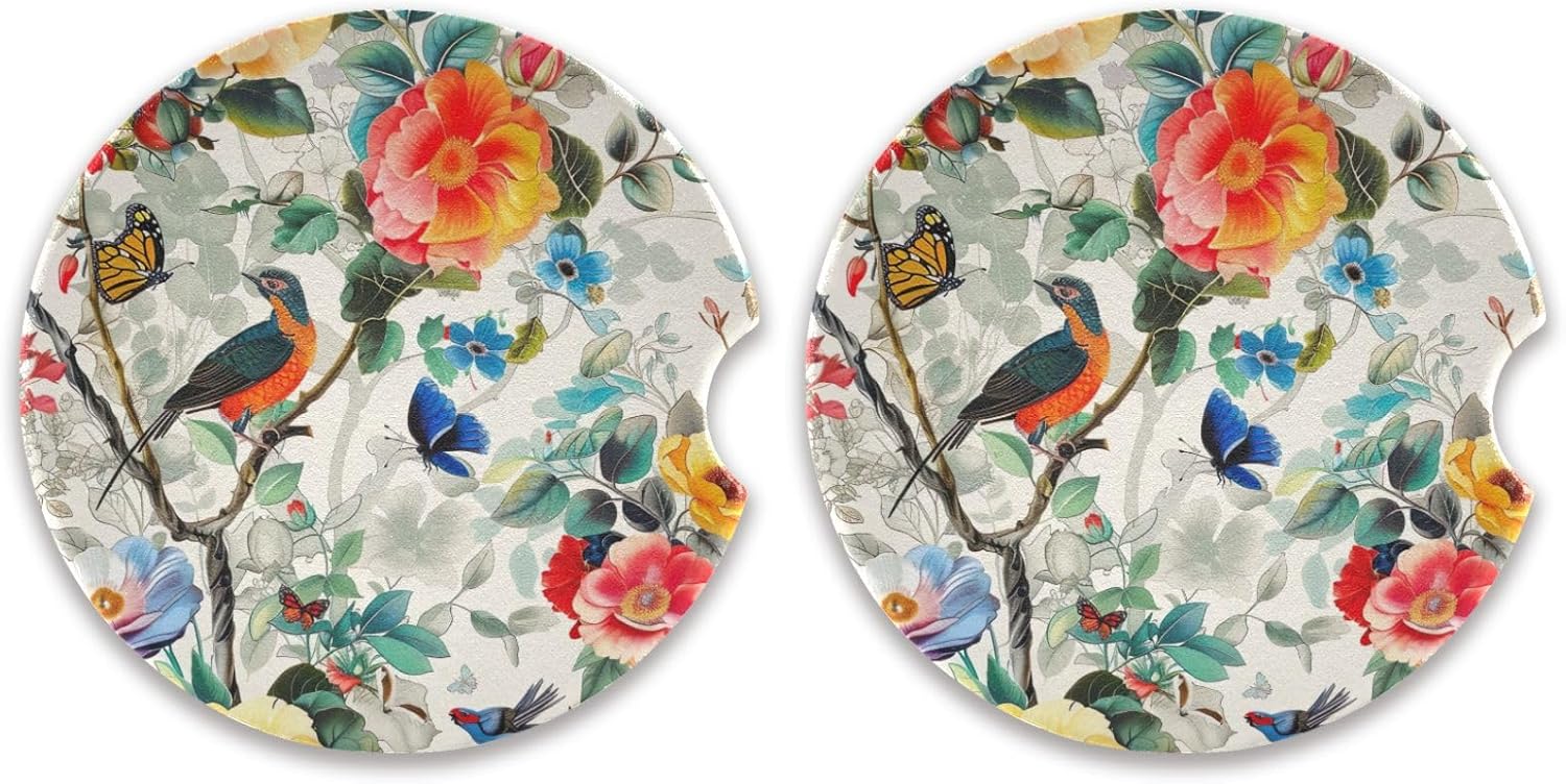 Takiito Garden Bird Flower Car Cup Holder Coasters 2 Pack