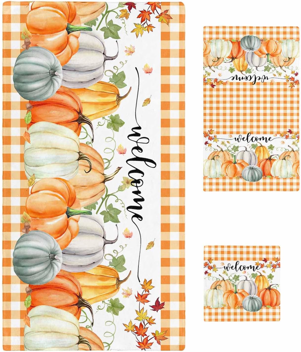 Double Love Pumpkin Orange Plaid Bath Towel Set of 3