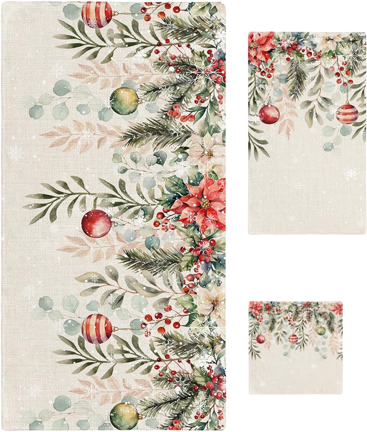 Christmas Bath Towels Set of 3 - Poinsettia Holly Eucalyptus Decor