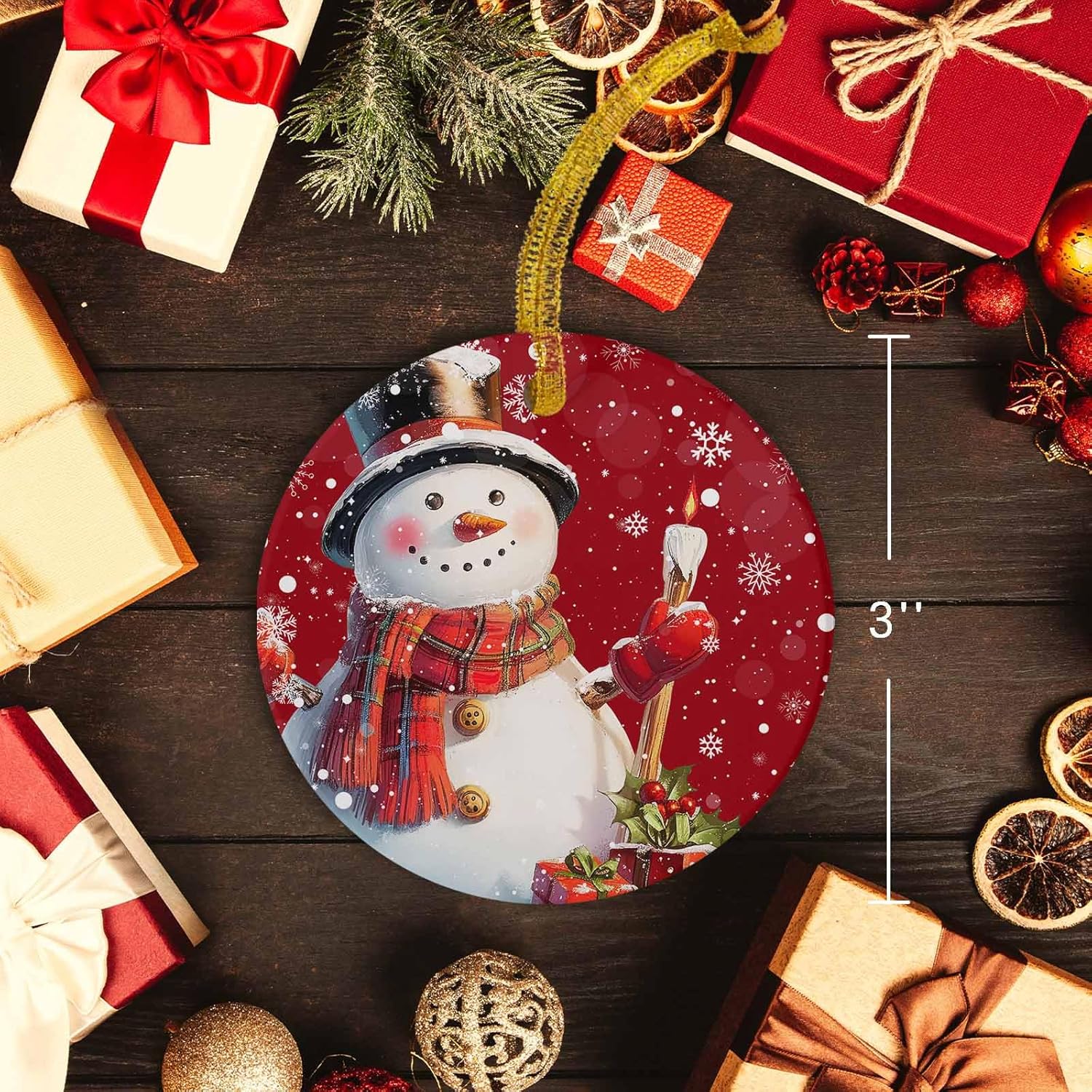 Christmas Snowman Candle Ornament with Gold Ribbon