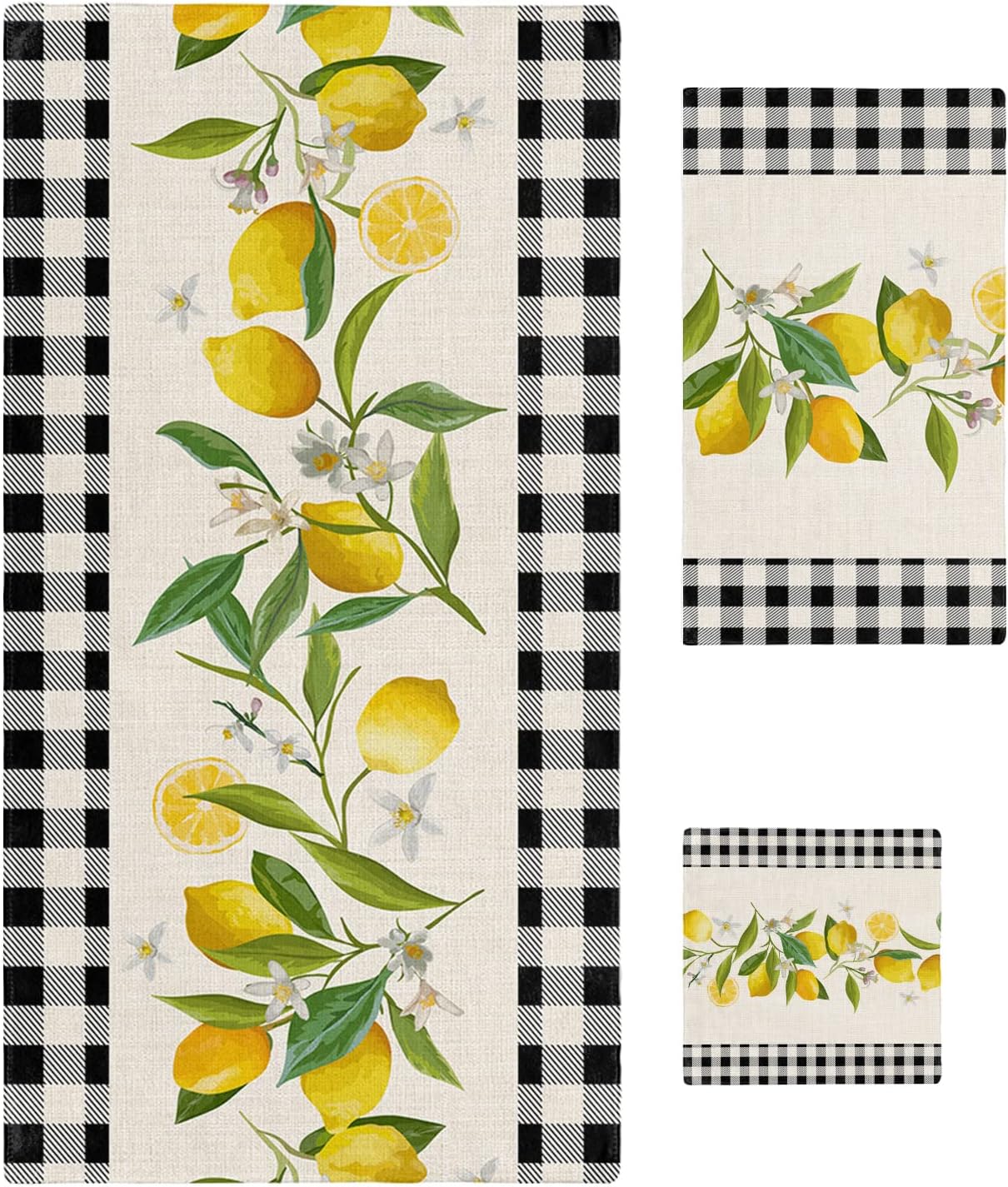 Smile Sunflower 3 Pcs Bath Towel Set - Soft Black Plaid Lemon Linen