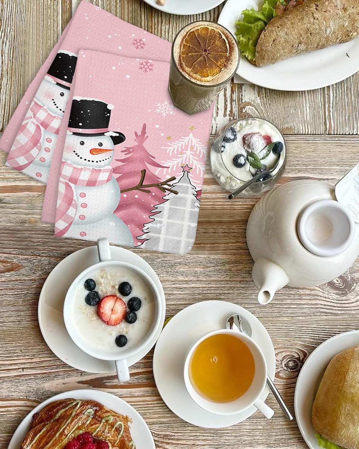 Falaniique Snowman Waffle Towel Set of 4 Blush Pink Tree Plaid Dot