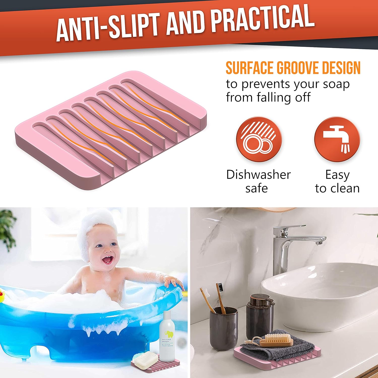 Z ZAPPOWARE 2-Pack Silicone Soap Dish with Drain - Pink 1