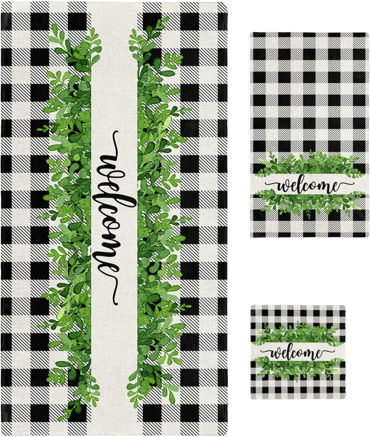 Chees D Zone Bath Towel Set with Green Leaves and Black Plaid Design