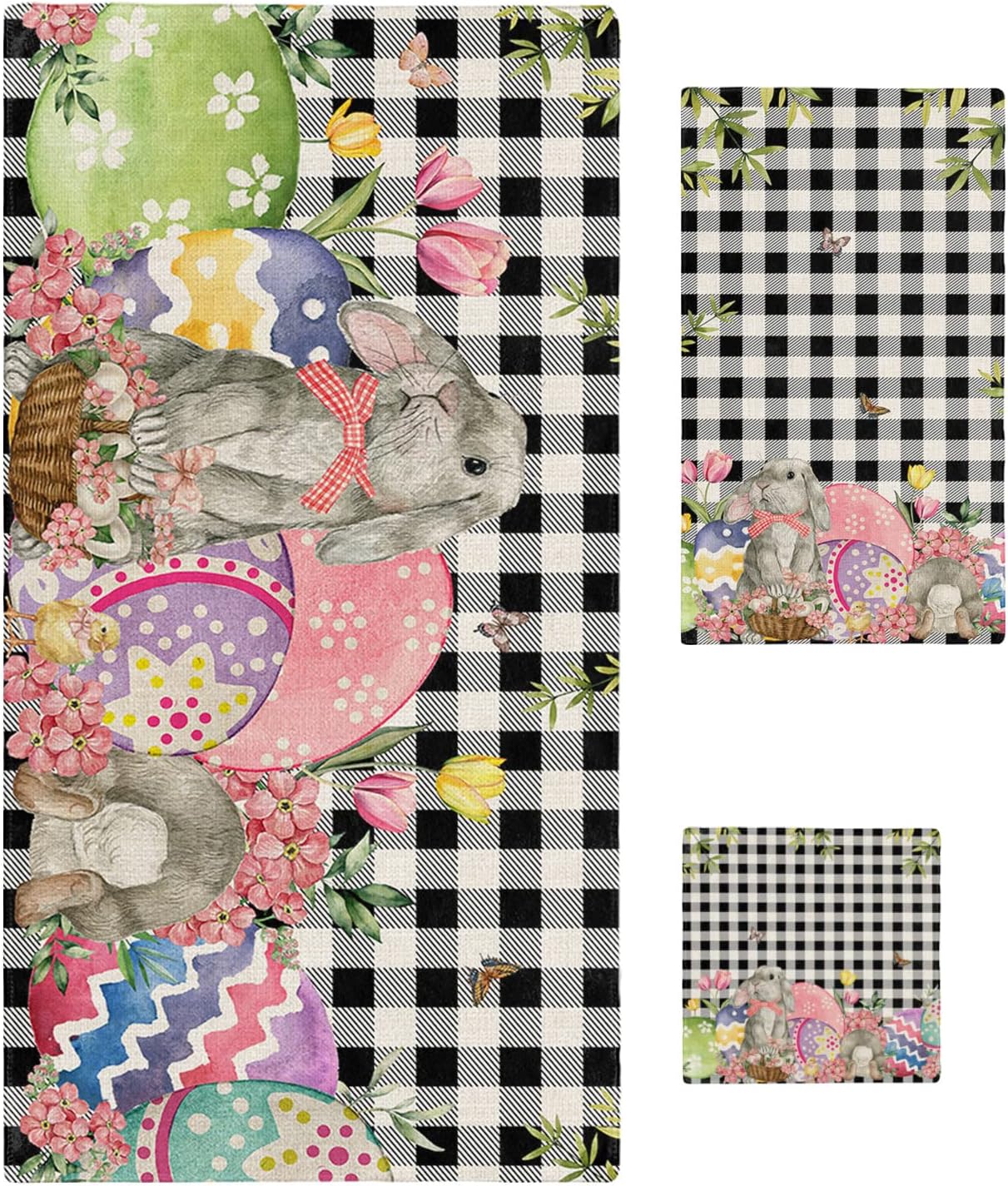 ZOE GARDEN Easter Egg Towel Set with Bunny Buffalo Plaid Check Design