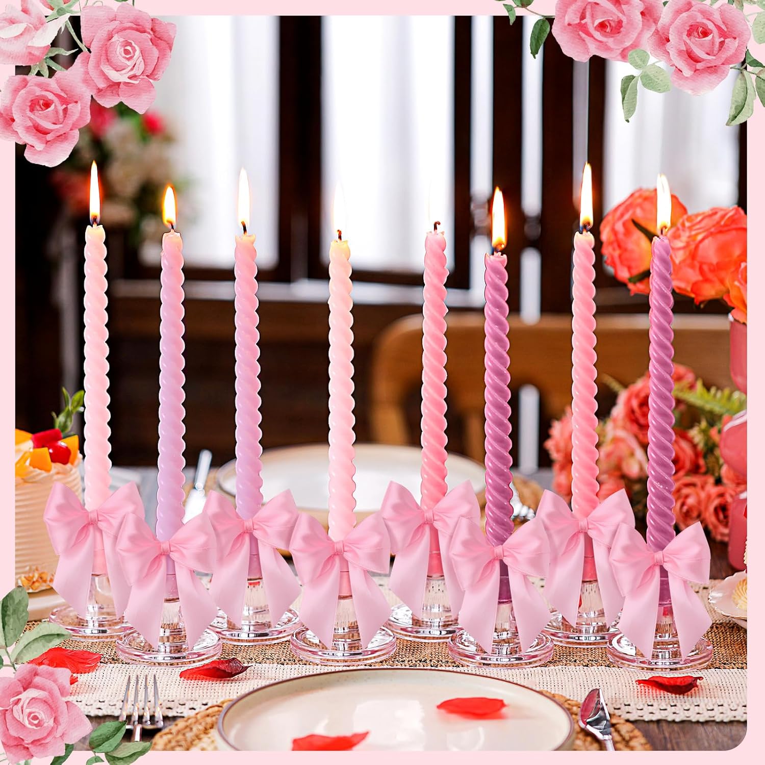 16 Pcs Pink Spiral Taper Candles Set for Valentine Wedding