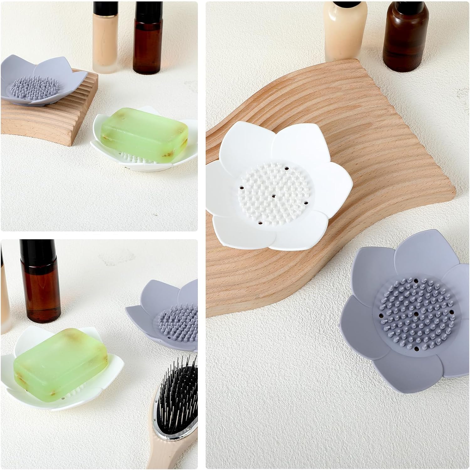 2Pcs Lotus Shaped Silicone Soap Dish with Drain and Anti-Slip