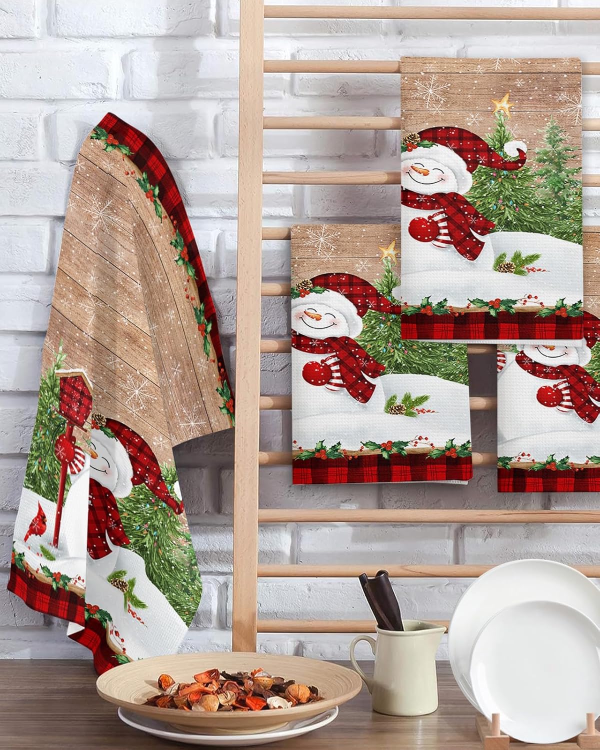 Falaniique Snowman Waffle Towel Set of 4 Wood Brown 157x236 1