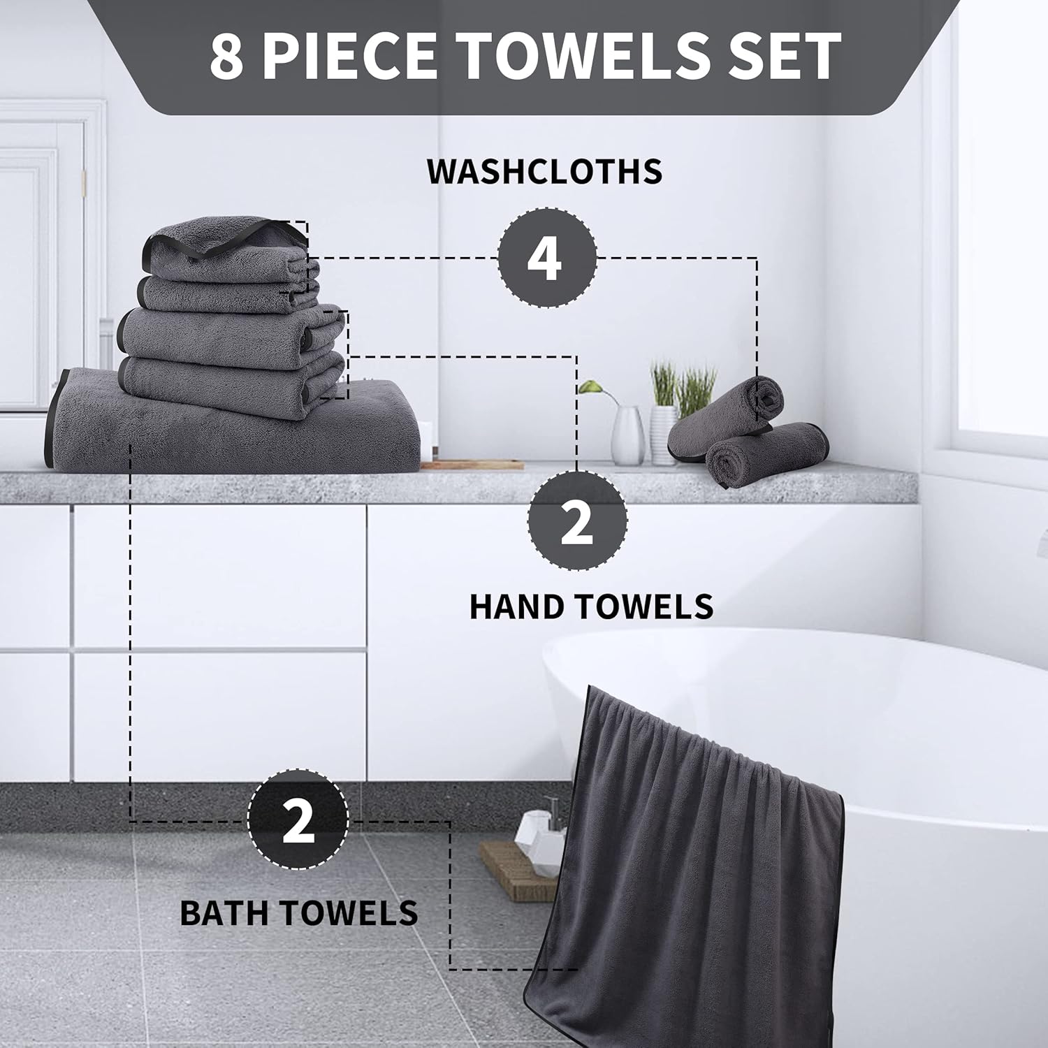 Cosy Family 8-Piece Microfiber Towel Set - Dark Grey