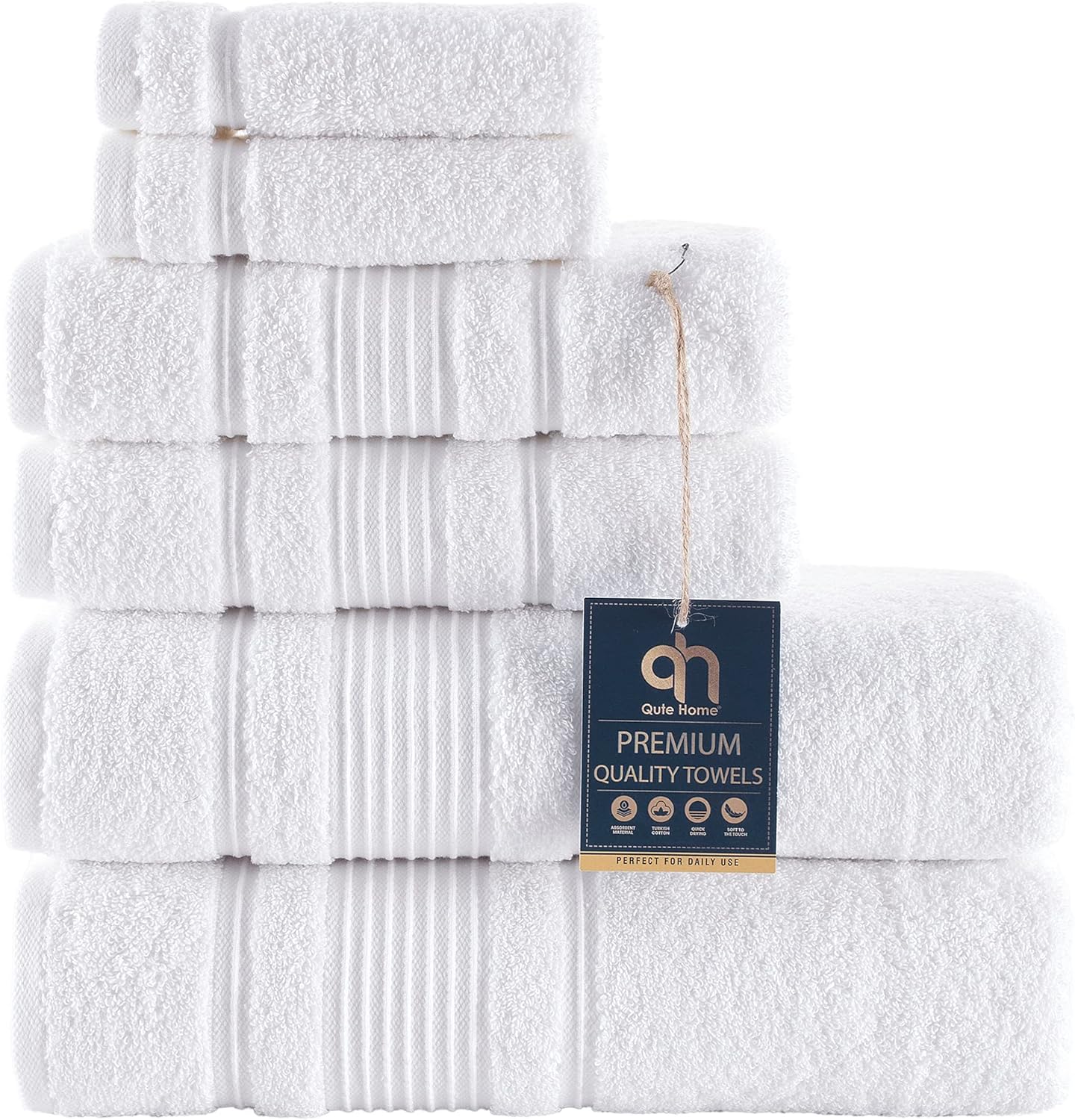 Qute Home 6-Piece Bath Towel Set - White Turkish Cotton