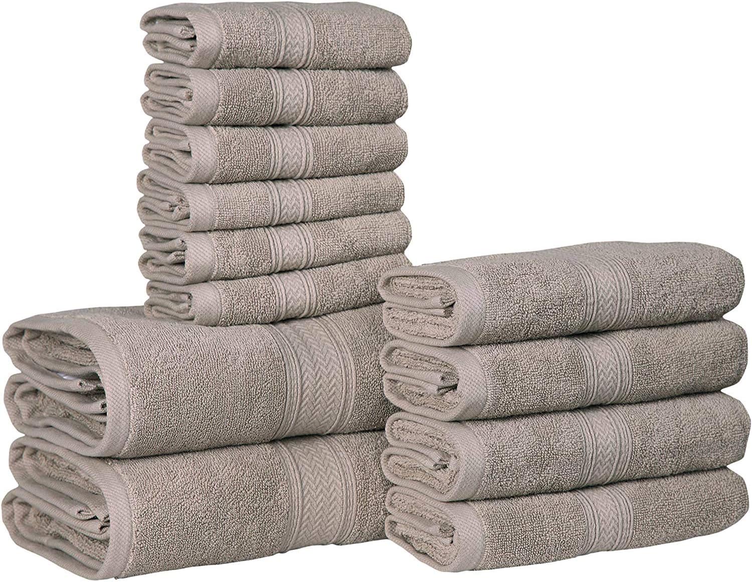 HILLFAIR 12 Piece Cotton Towel Set - 600 GSM Khaki Stone