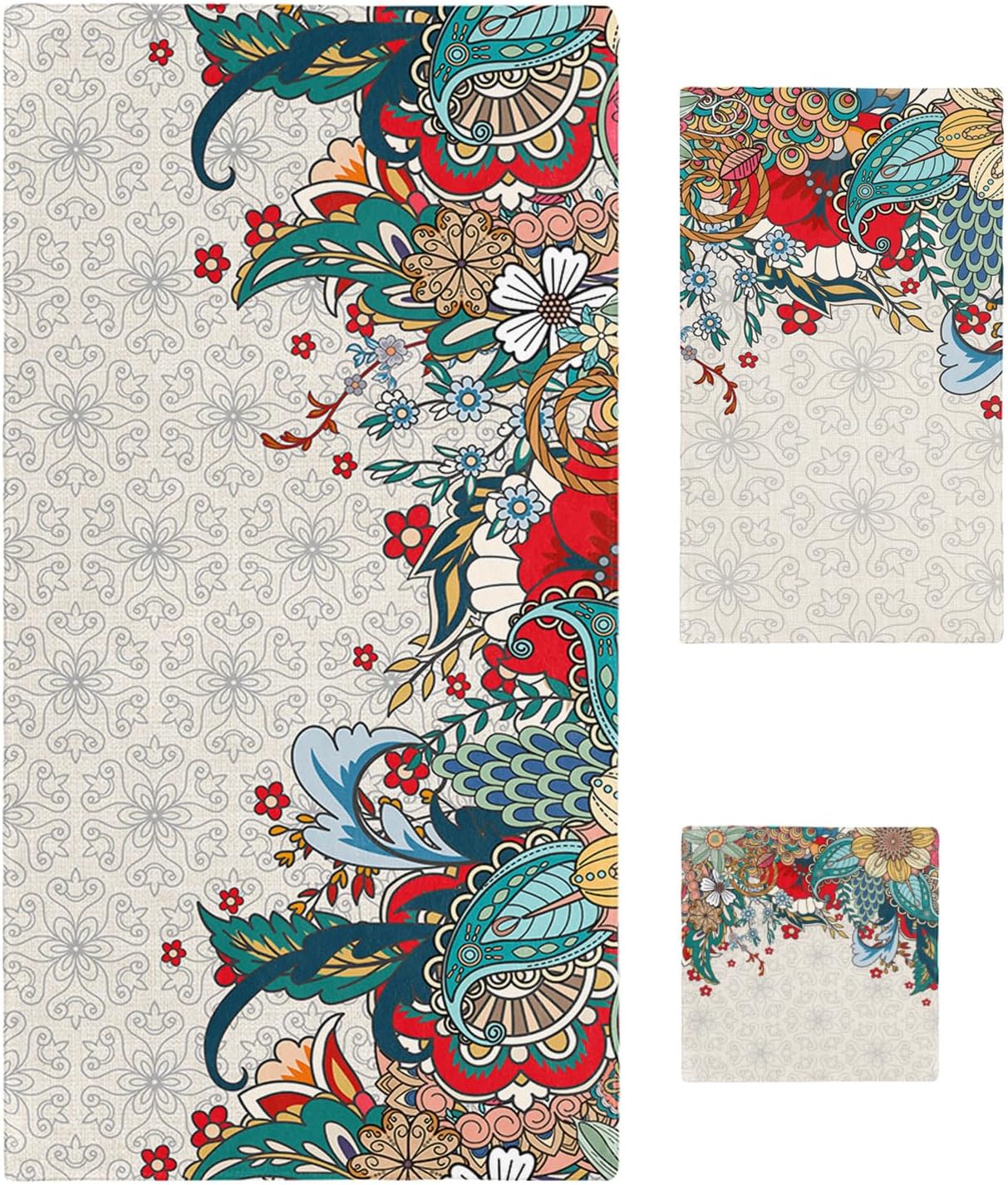 Smile Sunflower 3 Pcs Bath Towel Set - Boho Floral Linen Towels