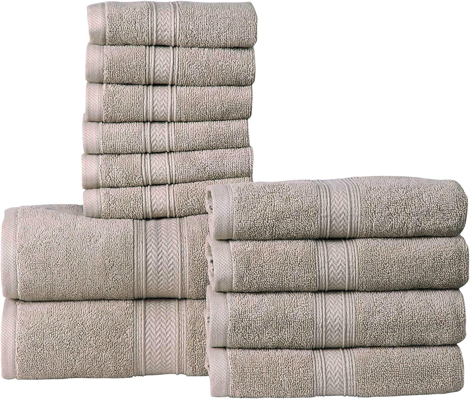 HILLFAIR 12 Piece Cotton Towel Set - 600 GSM Khaki Stone