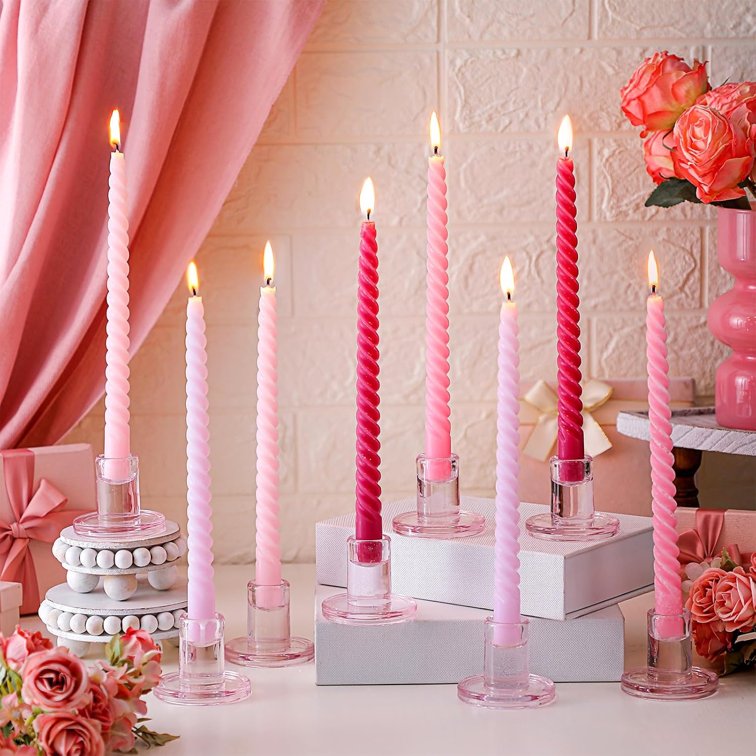 16 Pcs Pink Spiral Taper Candles Set for Valentine Wedding