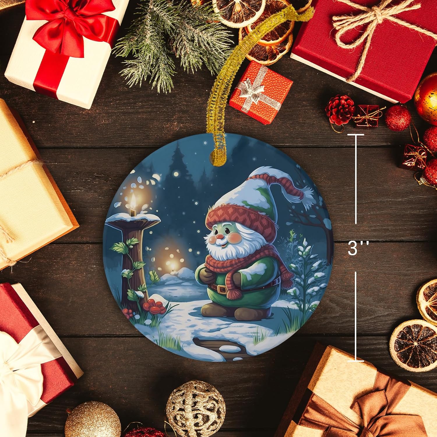 Christmas Santa Gnome Ceramic Ornament with Gold Ribbon