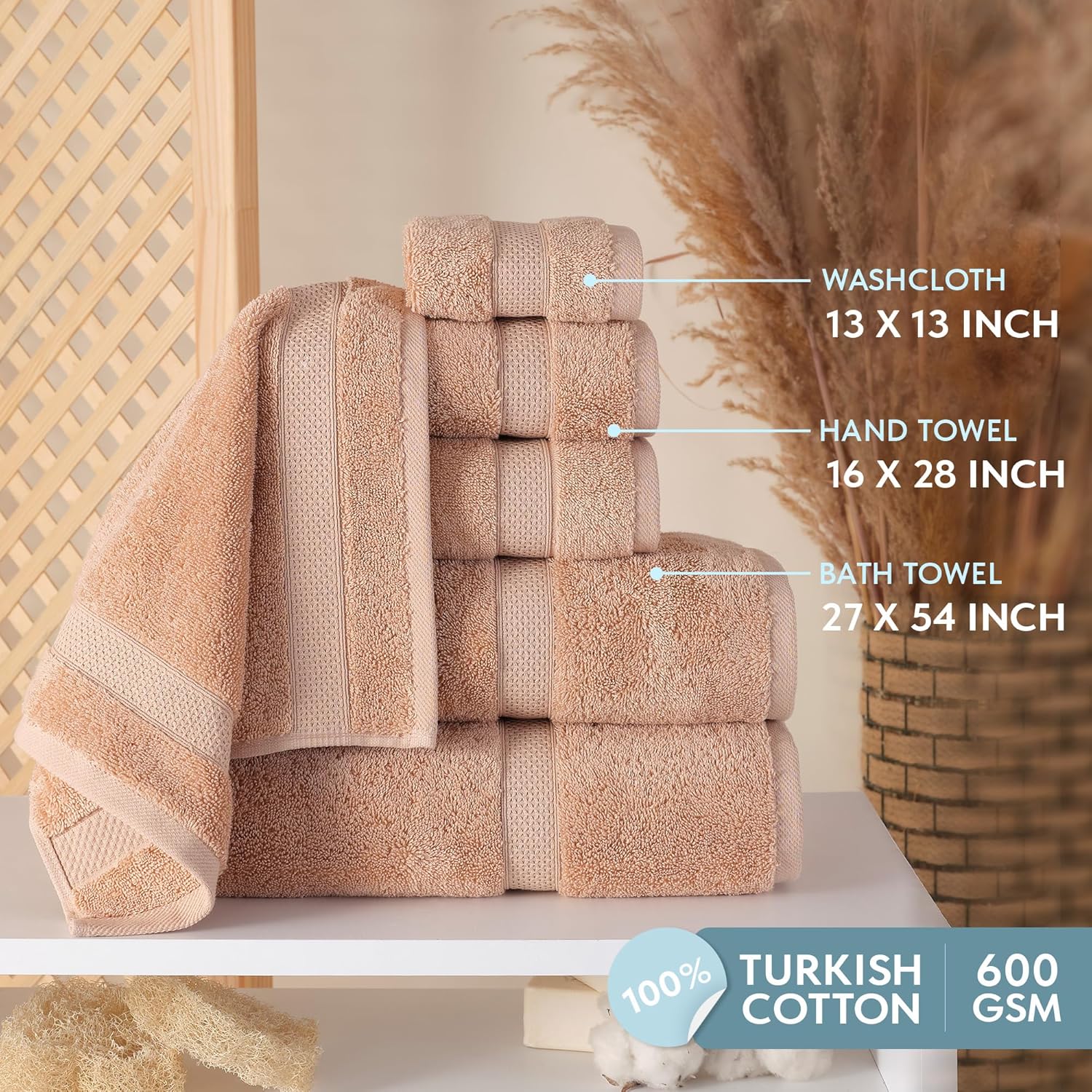 TrendShine Turkish Cotton Towel Set of 6 - Soft Absorbent Bath Towels