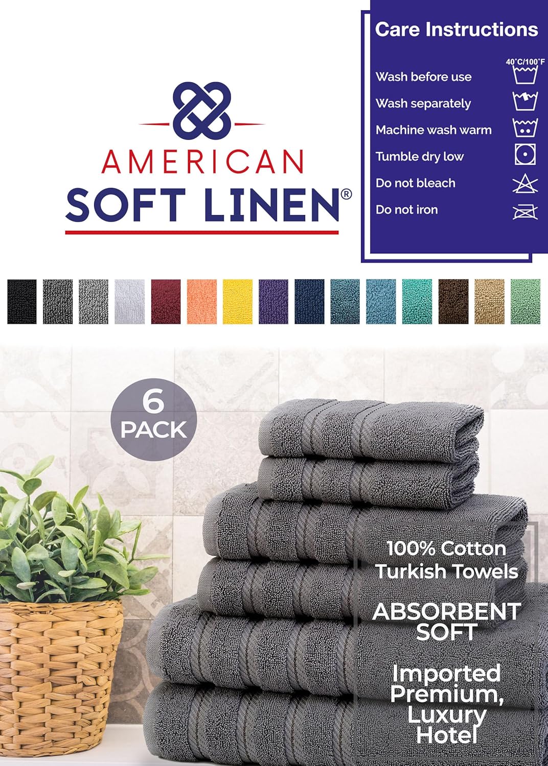 American Soft Linen 6-Piece Towel Set - 590 GSM Heavy Weight Smoke Grey