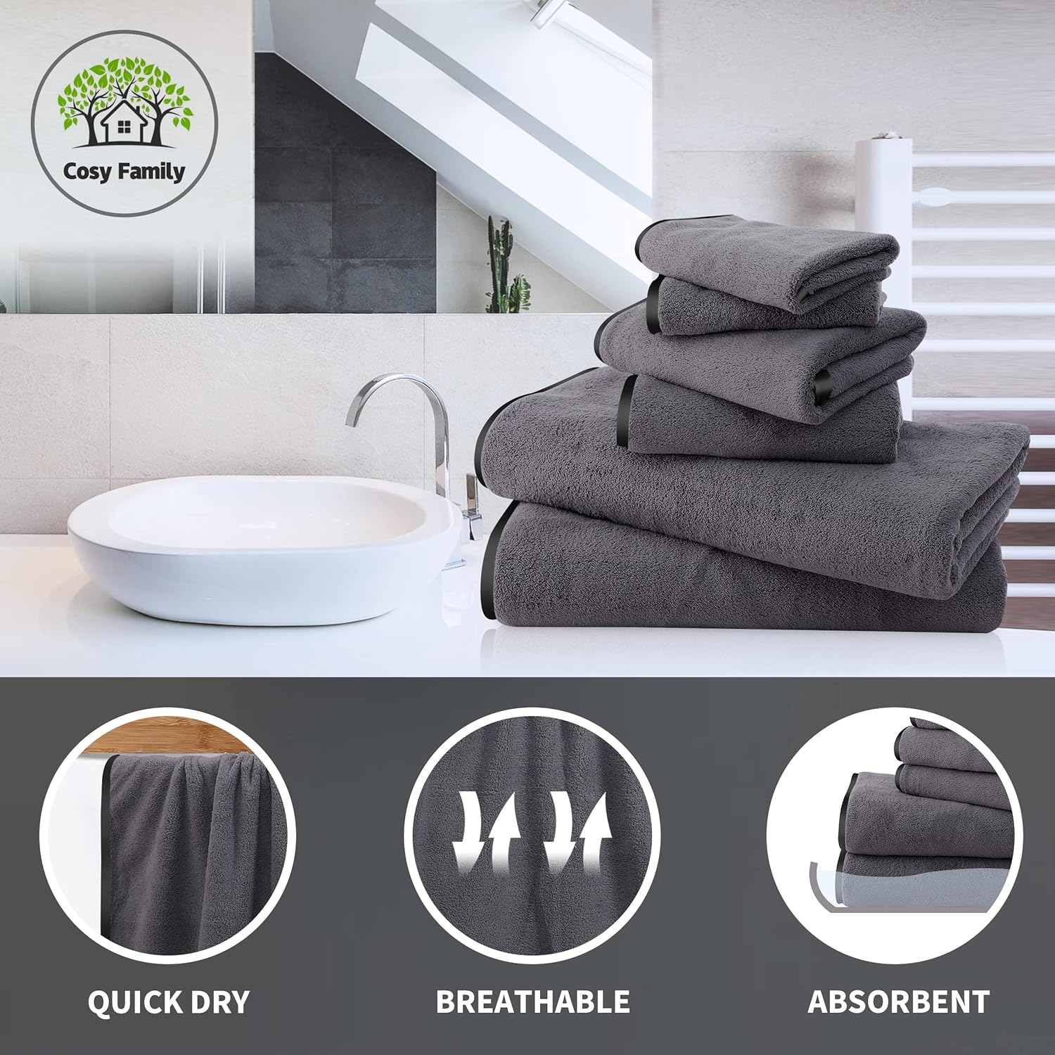 Cosy Family 8-Piece Microfiber Towel Set - Dark Grey
