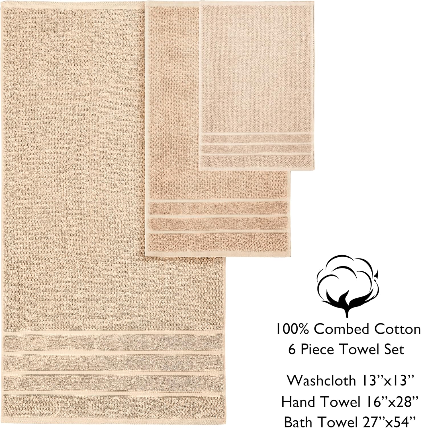 Feather Stitch 6 Piece Cotton Towel Set - Ultra Soft Quick Dry 625 GSM