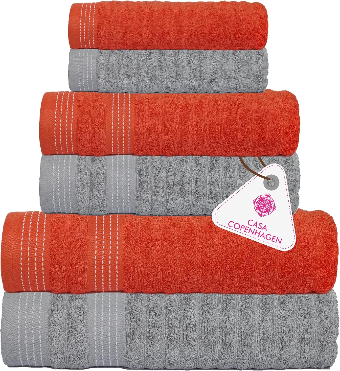CASA COPENHAGEN 6-Piece Ribbed Towel Set - Orange Grey Violet